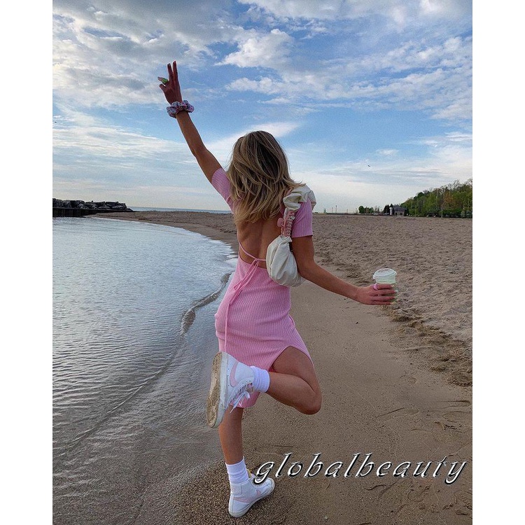 Gb-đầm Nữ Ngắn Tay Hở Lưng Một Mảnh Màu Hồng Trơn Xẻ Tà Ôm Dáng