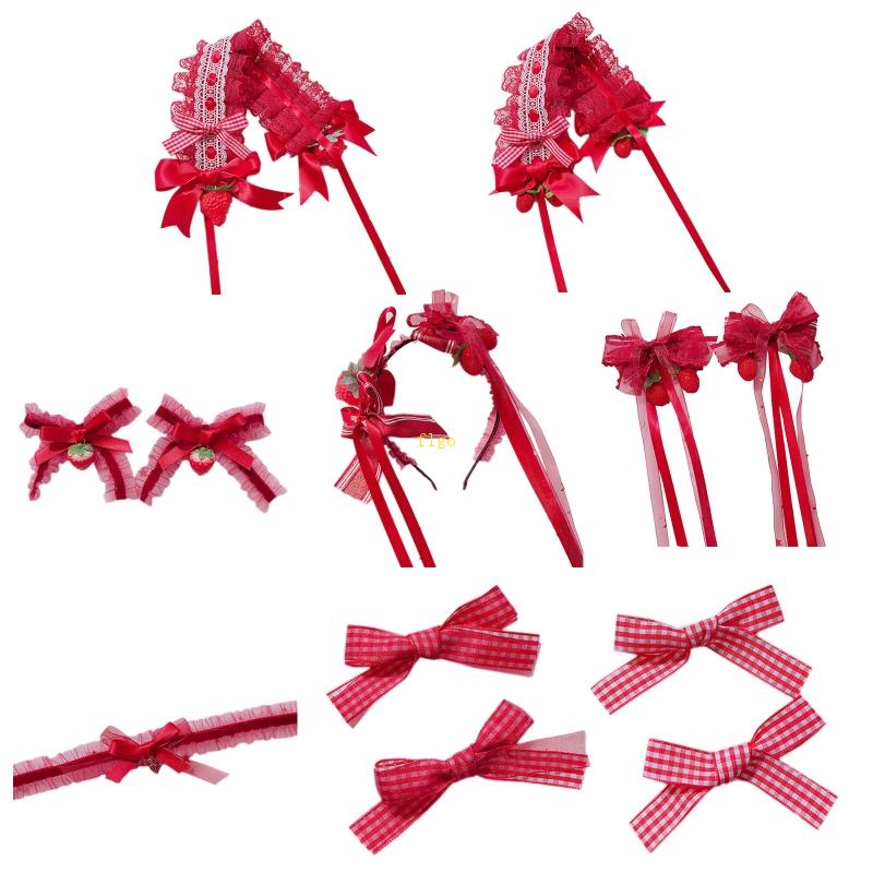 Kẹp Tóc Họa Tiết Caro / Dâu Tây Phối Ren Nhún Bèo Ngọt Ngào Phong Cách Lolita