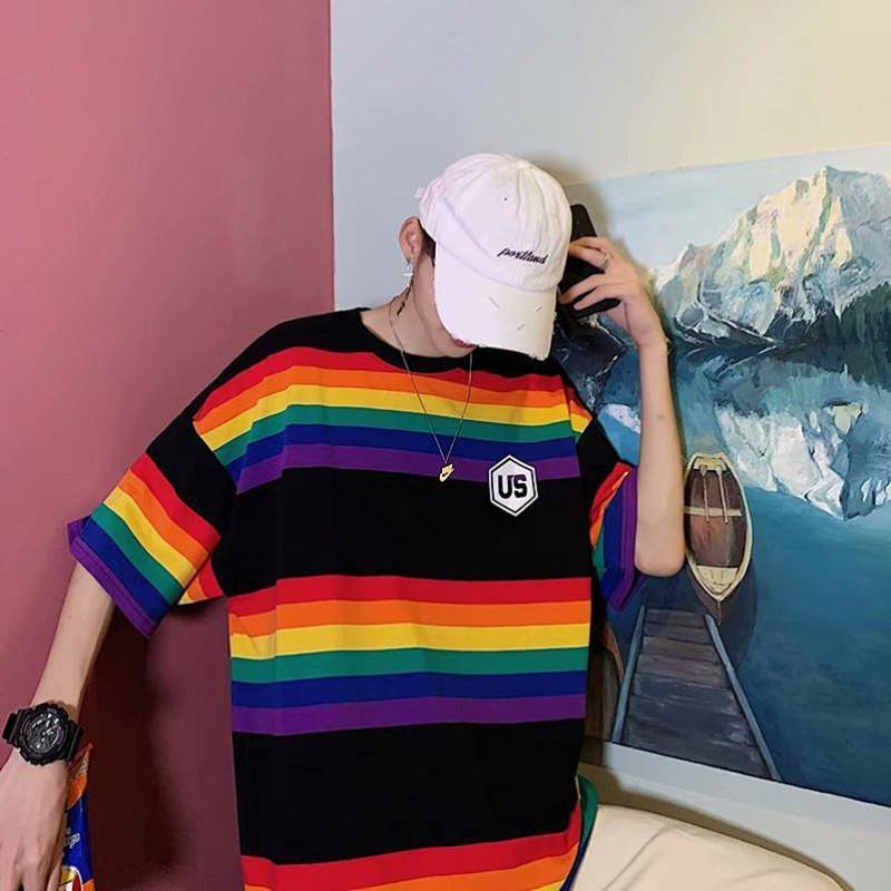 Summer Ins Rainbow Striped Short-Sleeved T-shirt Men and Women Couple Korean Style Fashion Brand Hip Hop Fried Street Loose Half Sleeve Shirt mdk3