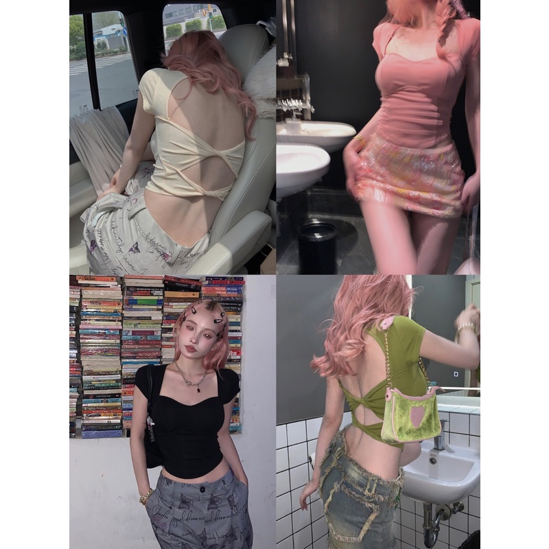 Áo Thun Tay Ngắn Hở Lưng Có Mút Đệm Ngực Thời Trang Mùa Hè Quyến Rũ Cho Nữ