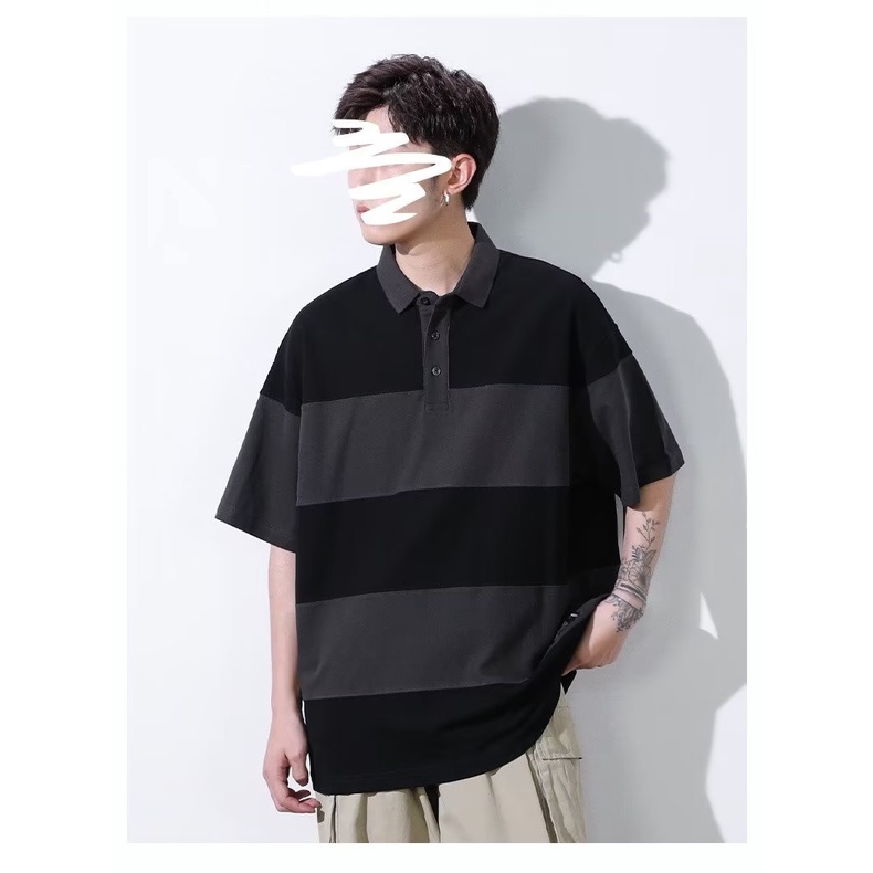 Áo Thun polo Tay Ngắn Dáng Rộng Họa Tiết Kẻ Sọc Màu Sắc Tương Phản Phong Cách Nhật Bản Thời Trang Mùa Hè Cho Nam