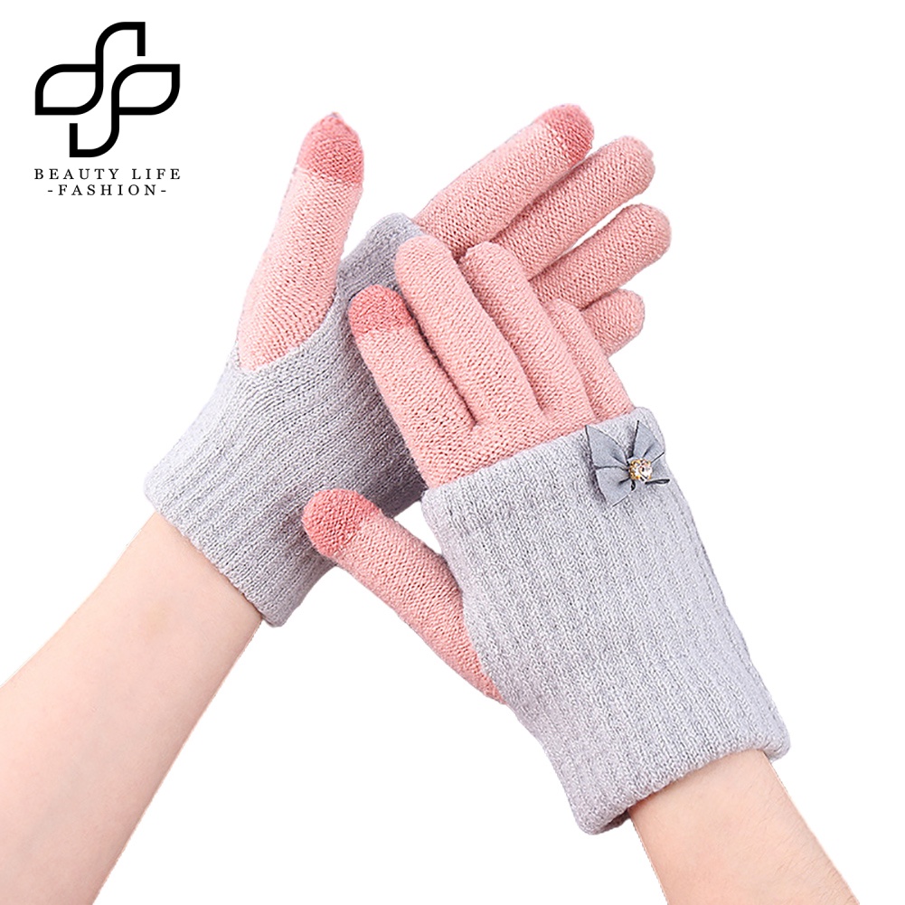 Đôi Găng Tay Len Hở Ngón Gắn Nơ Có Thể Dùng Màn Hình Cảm Ứng Thời Trang Cho Nữ