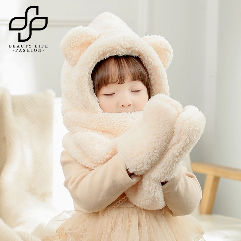 Khăn Choàng Cổ / Mũ / Găng Tay Giữ Ấm Mùa Đông 3 Trong 1 Kiểu Dáng Hoạt Hình Dễ Thương Dành Cho Bé Gái