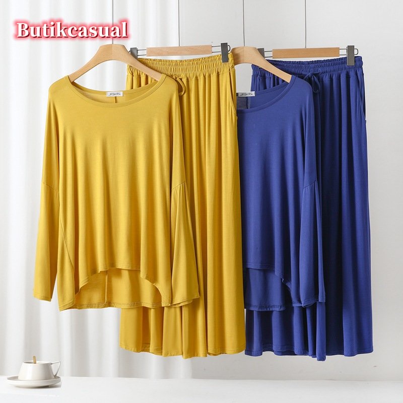 Bộ Đồ Ngủ 2 Món Áo Sơ Mi Cotton Trơn Dáng Rộng Phối Quần Dài Ống Rộng Thời Trang Mùa Hè 2023 Mới
