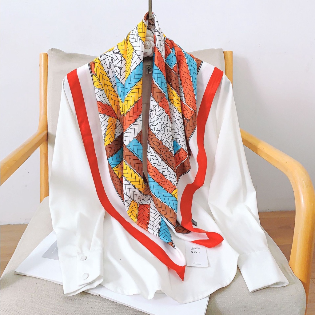 Khăn Choàng Satin Vuông 90 * 90cm Họa Tiết Màu Tương Phản Phong Cách Phương Tây