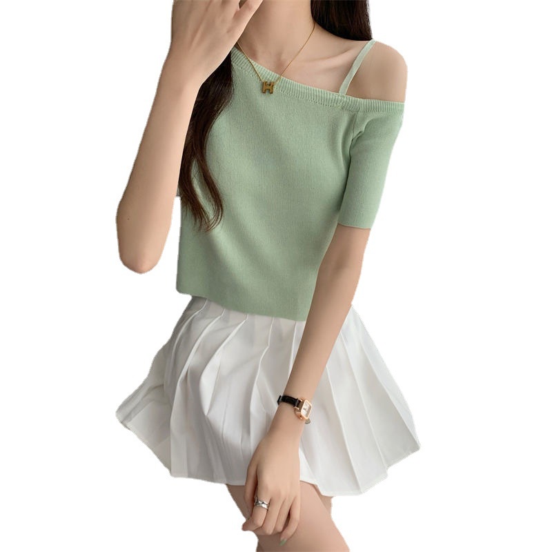 Áo Thun Dệt Kim Tay Ngắn Trễ Vai Phong Cách Quyến Rũ