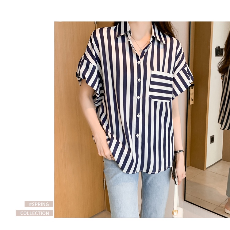 Áo Sơ Mi Chiffon Tay Ngắn Kẻ Sọc Dáng Rộng Phong Cách Phương Tây Thời Trang Mùa Hè Cho Nữ Thẻ