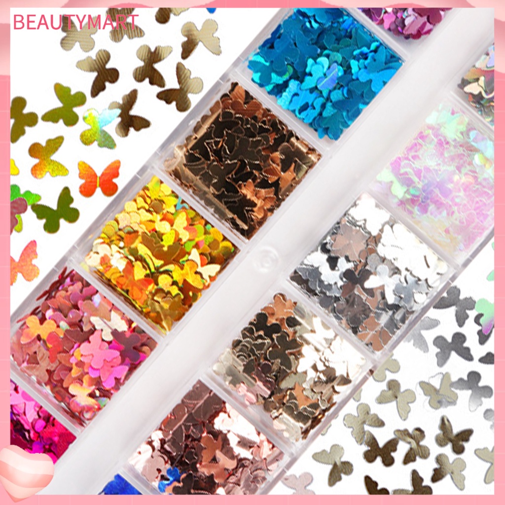 Hộp 12 Ngăn Đựng Hạt Kim Sa Hình Bướm Trang Trí Móng Tay DIY