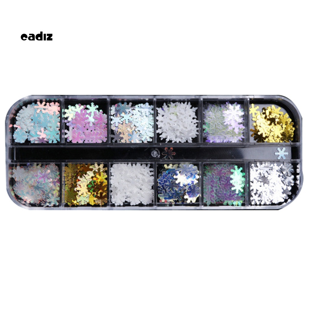 Hộp Kim Tuyến Hình Bông Tuyết 3D 12 Ngăn Nhiều Màu Sắc Trang Trí Móng Tay Nghệ Thuật Giáng Sinh