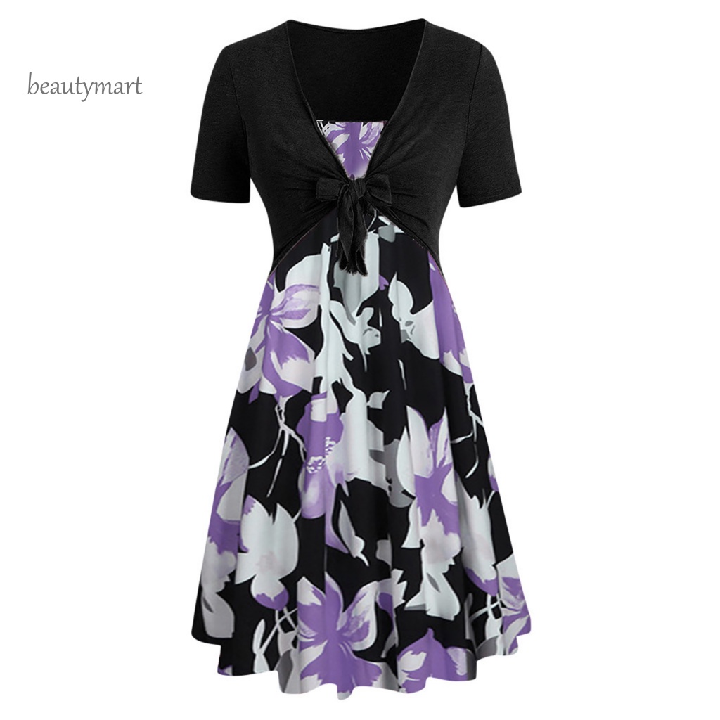 1 Đầm Midi Giả Hai Mảnh Dáng Chữ A Tay Ngắn In Họa Tiết Hoa Thắt Nơ Trước Phong Cách Đường Phố Cho Nữ