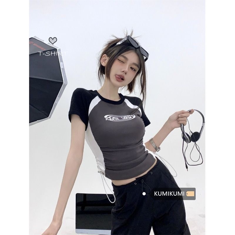 Áo Thun Ôm Dáng Phối Dây Rút In Chữ Quyến Rũ Thời Trang Cho Nữ