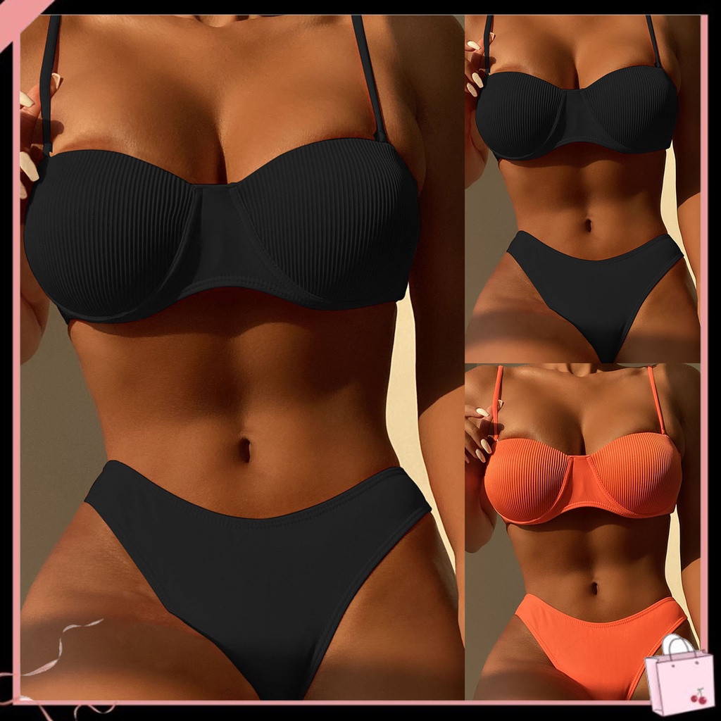 Bộ Bikini 2 Mảnh Có Mút Nâng Ngực Màu Sắc Trơn Thời Trang Mùa Hè