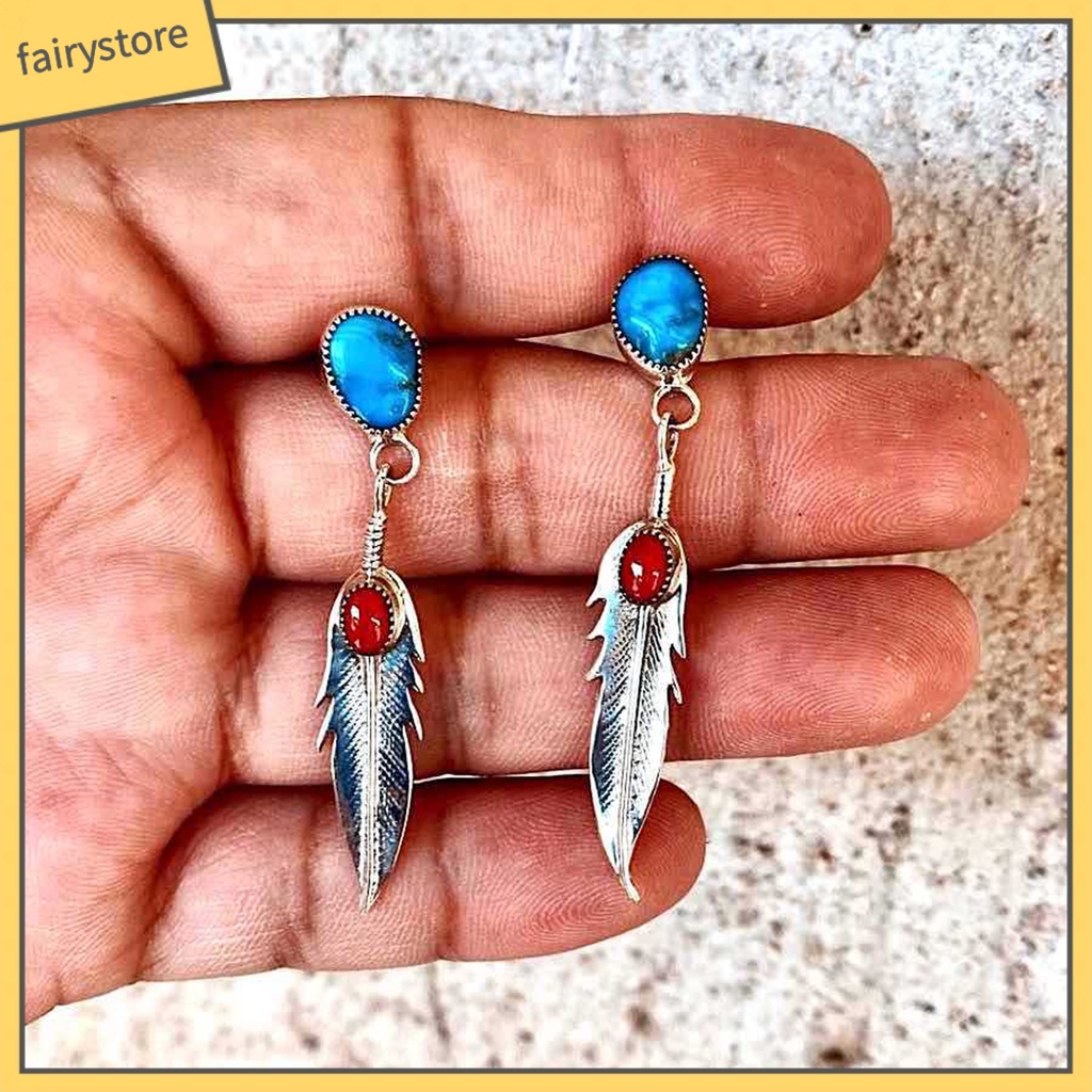 1 Đôi Bông Tai Dáng Dài Hình Lông Vũ Đính Đá Ngọc Lam Giả Thanh Lịch