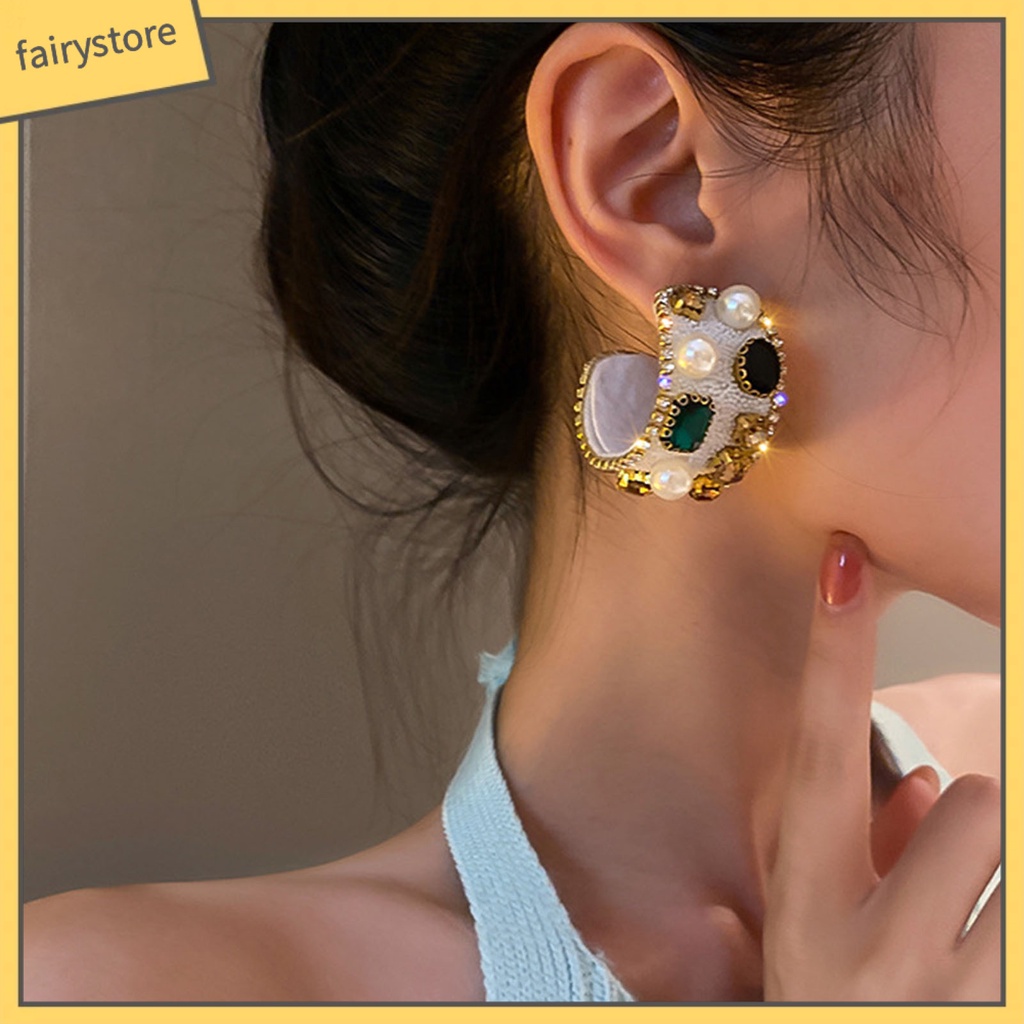 1 Đôi Bông Tai Hình Chữ C Đính Ngọc Trai Giả Lấp Lánh