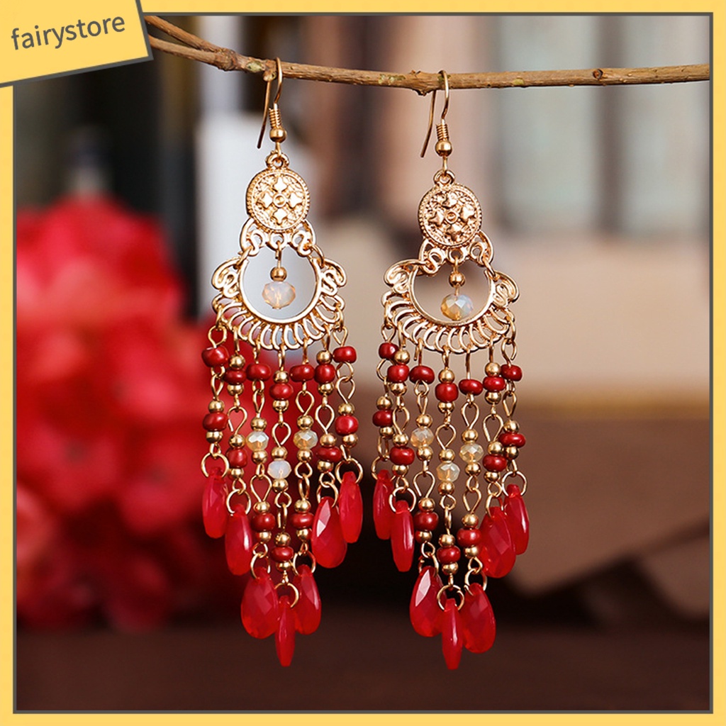 1 Đôi Bông Tai Dáng Dài Đính Hạt Phong Cách Bohemia Thời Trang Cao Cấp