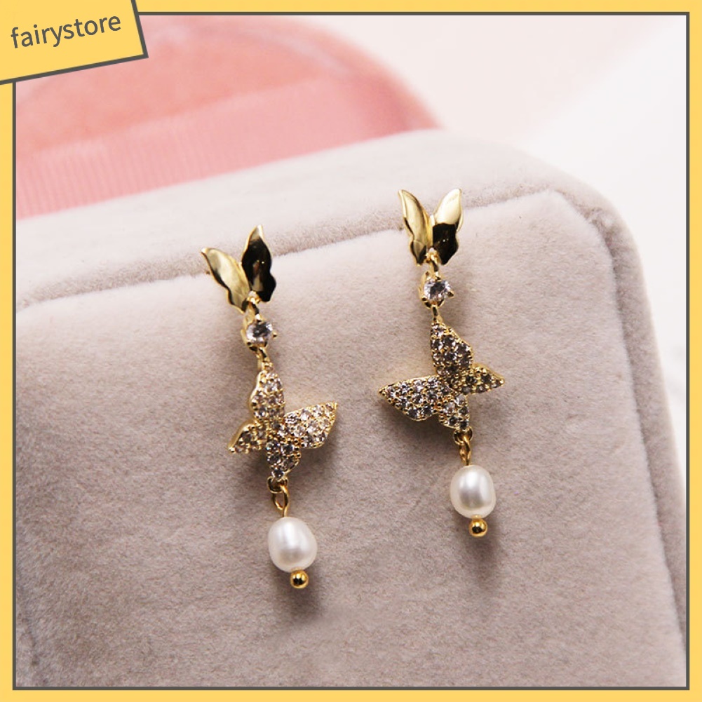 Bông Tai Hình Bướm Đính Đá Ngọc Trai Giả Thời Trang Dành Cho Nữ