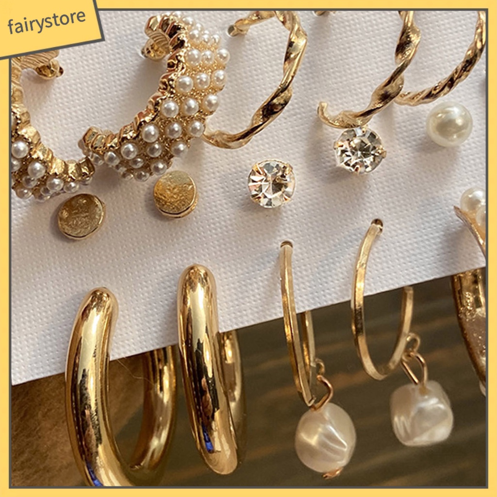 Set 9 Đôi Bông Tai Tròn Đính Đá / Ngọc Trai Giả Thời Trang Cho Nữ