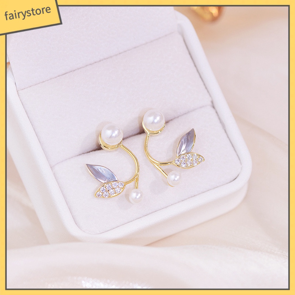 1 Đôi Bông Tai Hình Chiếc Lá Đính Ngọc Trai Nhân Tạo Phong Cách Hàn Quốc