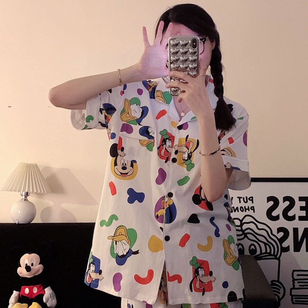 Bộ Đồ Ngủ Tay Ngắn Dáng Rộng In Họa Tiết Hoạt Hình Mickey Dễ Thương Thời Trang Mùa Hè Cho Nữ