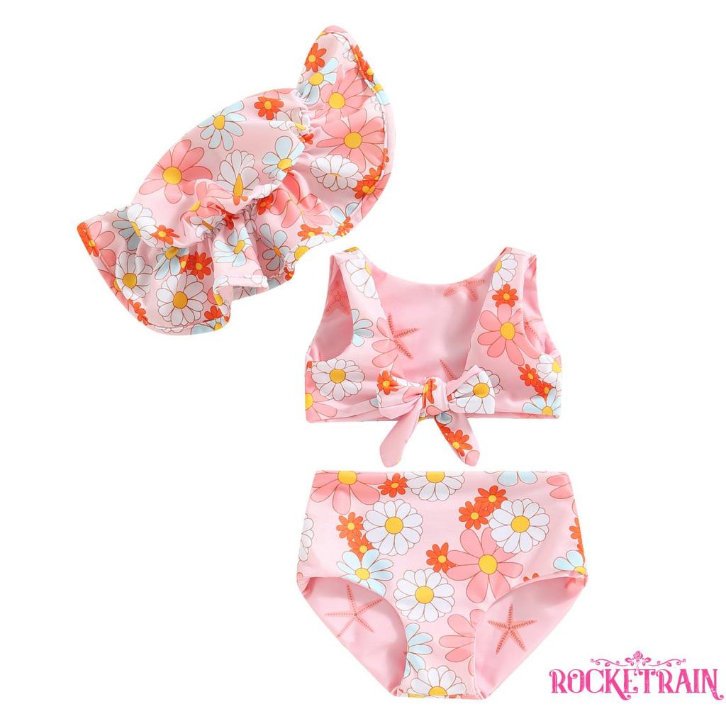 Bộ Đồ Bơi 3 Món Áo Ba Lỗ + Quần Short Họa Tiết Hoa + Mũ Thời Trang Mùa Hè Cho Bé Gái