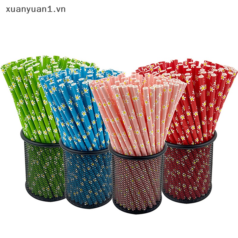 Set 25 Ống Hút Giấy Họa Tiết Hoa Cúc Nhỏ Dùng Một Lần Trang Trí Tiệc