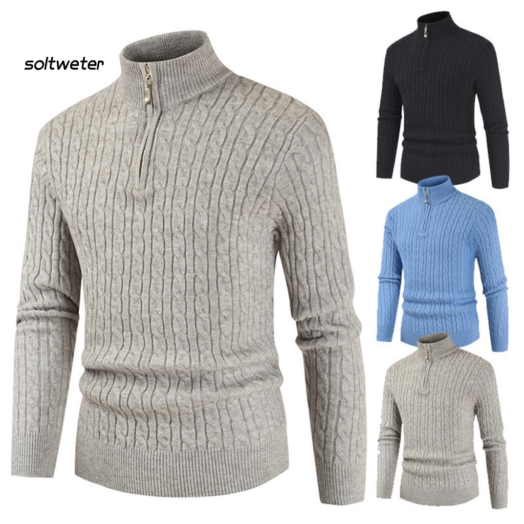 Áo Sweater Dệt Kim Cổ Đứng Tay Dài Màu Trơn Phối Khóa Kéo Cá Tính Cho Nam