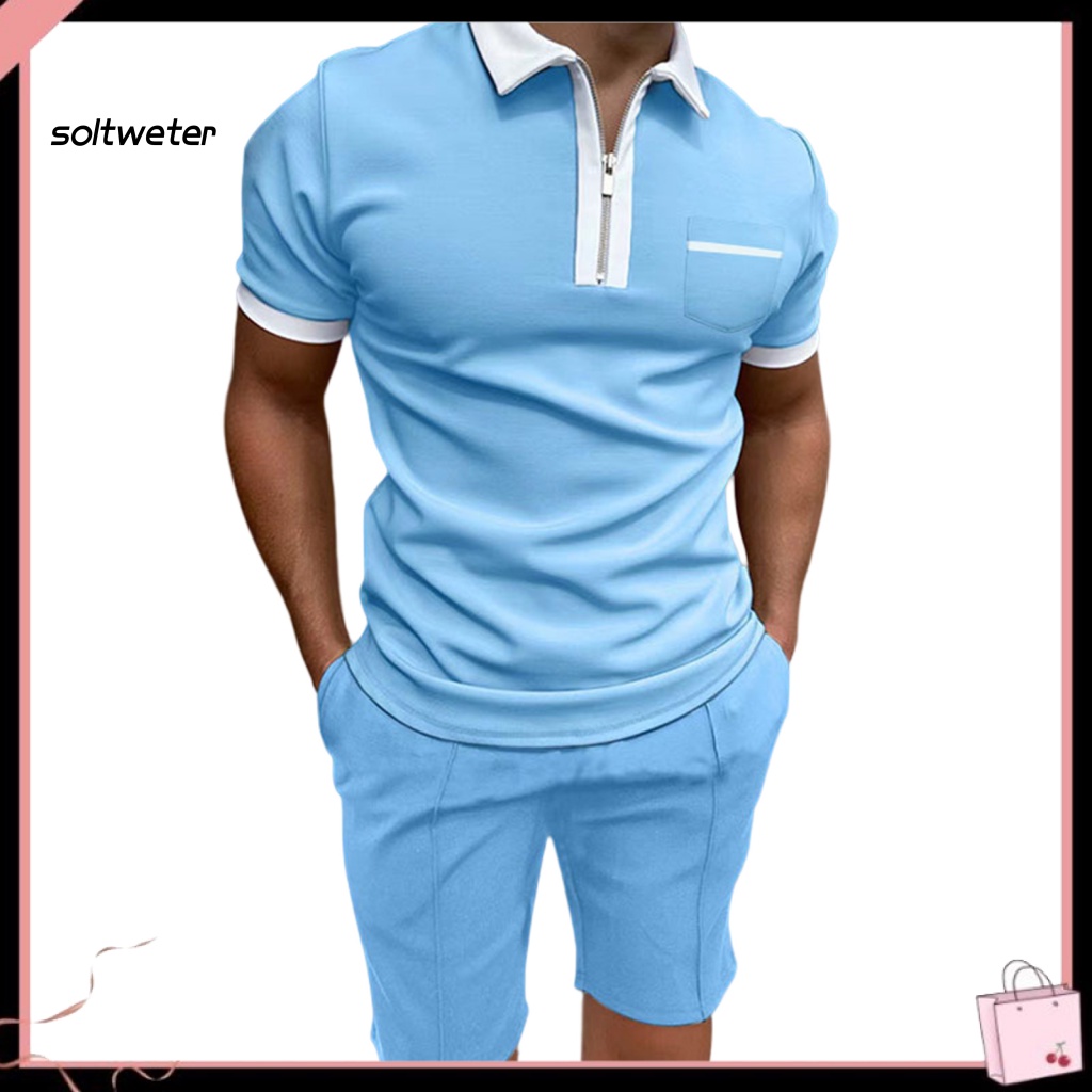 1 Bộ Áo Cổ Bẻ + Quần Short Lưng Thun Màu Sắc Tương Phản Thời Trang Đi Biển Mùa Hè Cho Nam