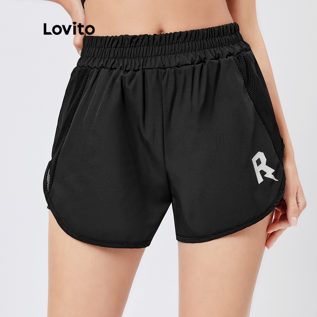 Quần short Lovito phối chữ 2 trong 1 phong cách thể thao L26AD064 (màu đen)