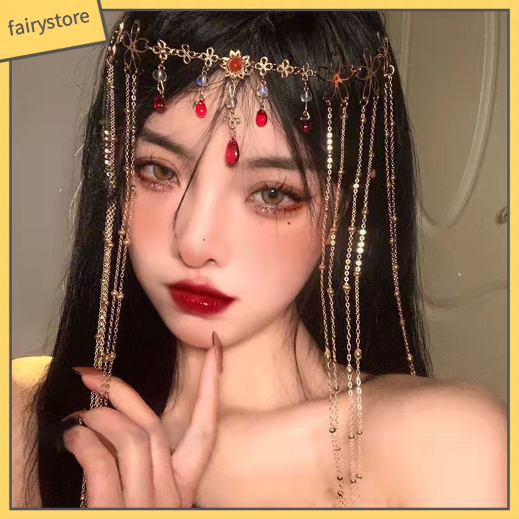 Chuỗi Dây Đeo Trán Co Giãn Họa Tiết Hoa Đính Đá Hình Giọt Nước Lấp Lánh Phong Cách Trung Hoa Cổ Điển