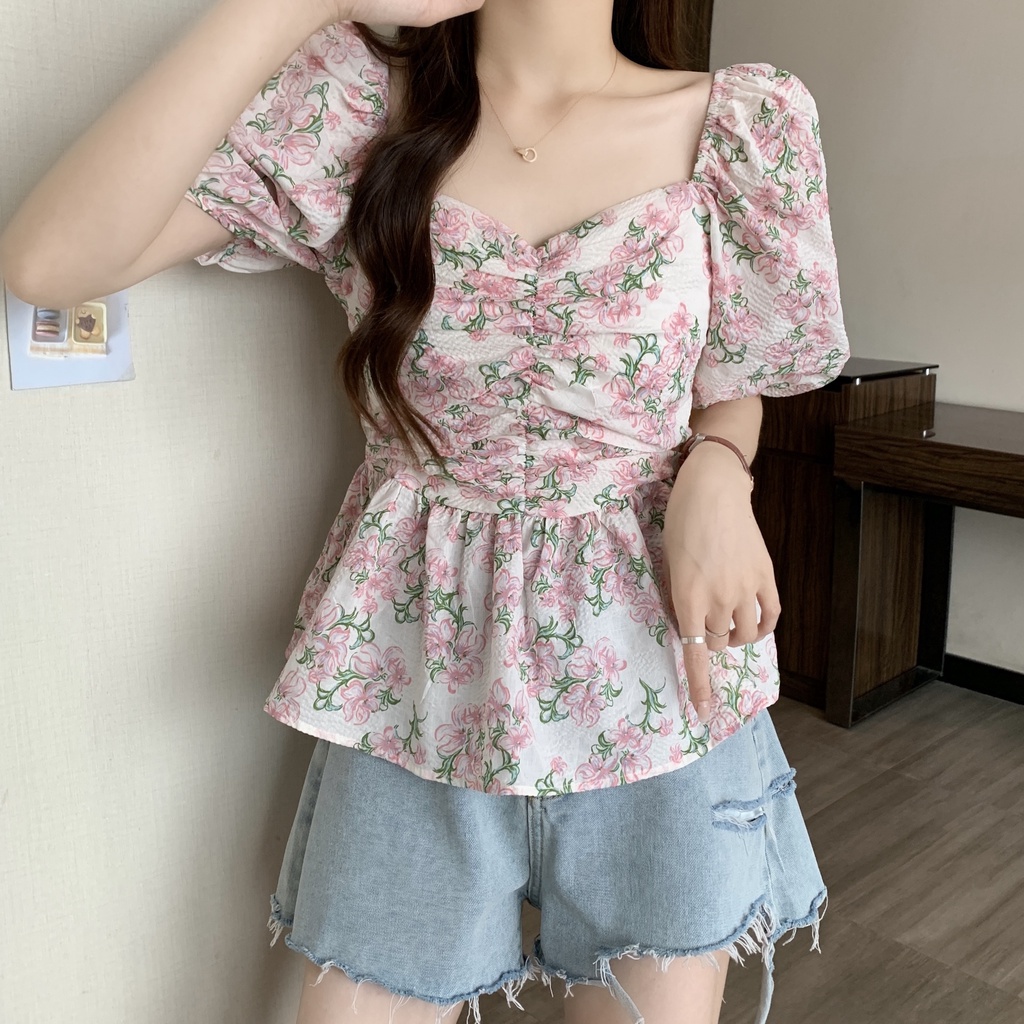 SUXI Áo Kiểu Cổ Vuông Tay Phồng Xếp Ly Dáng Ôm In Họa Tiết Thời Trang Mùa Hè Xinh Xắn Cho Nữ