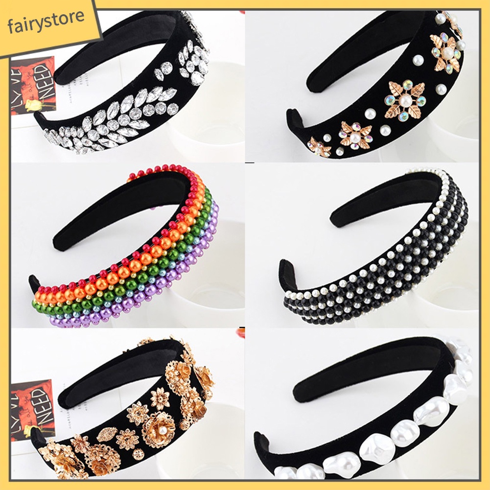 Băng Đô Cài Tóc Bản Rộng Đính Đá &amp; Ngọc Trai Nhân Tạo Cho Nữ