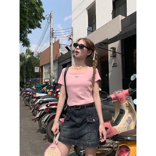 Bộ Áo Thun Hồng Cổ Tròn Dệt Kim + Chân Váy Denim Phong Cách Hàn Quốc Thời Trang Mùa Hè Cho Nữ