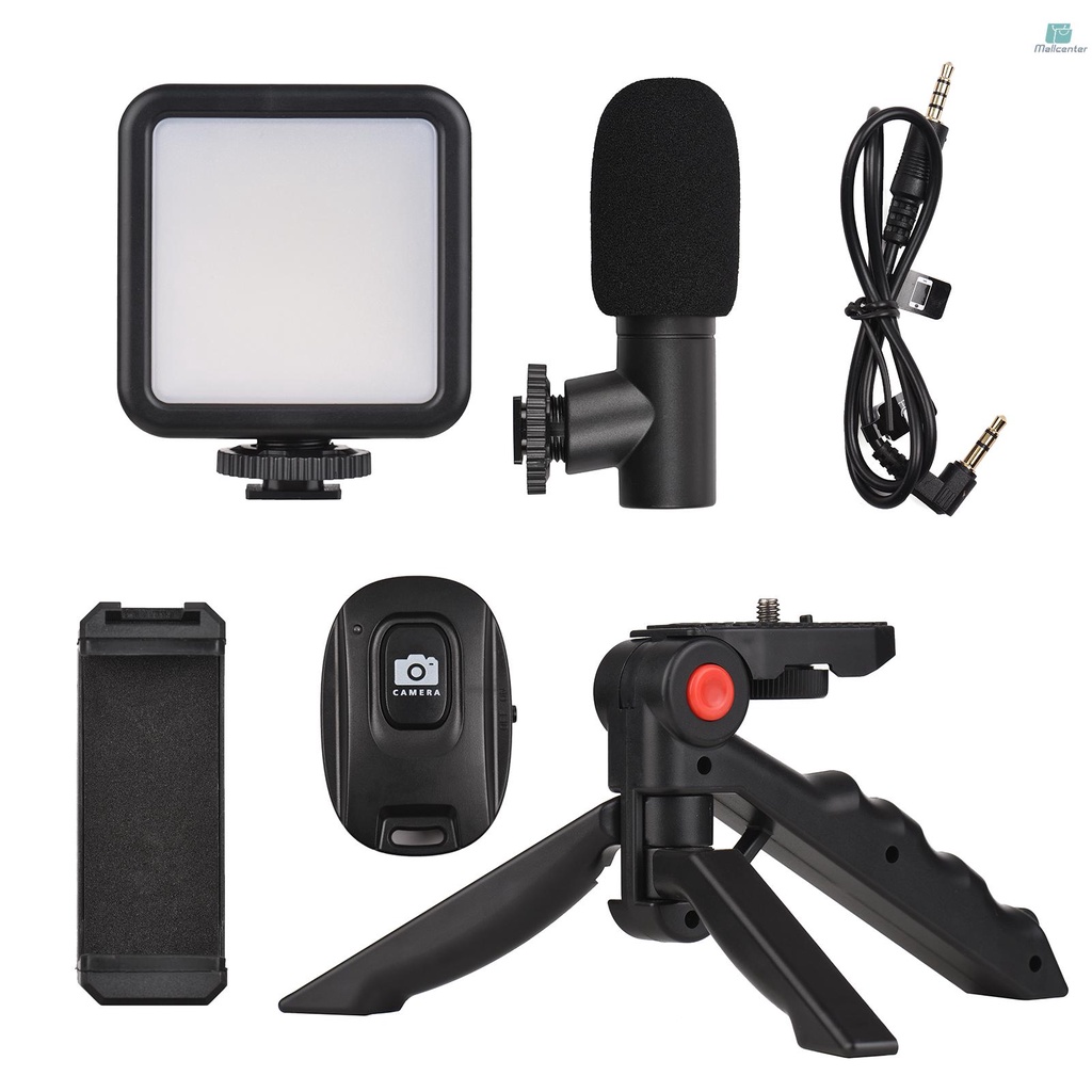 Smartphone Vlog Kit Mini LED Video Light + Cardioid Microphone + Extendable Phone Clip + Tripod with  Adjustable Brightness for Live Stream Vlog Video Shooting Video Conference Selfie