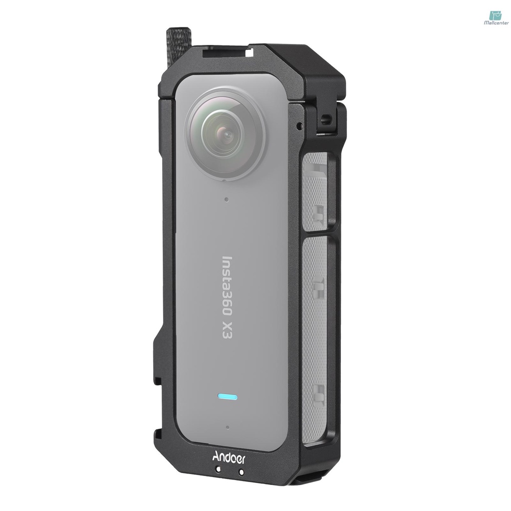 Andoer Panoramic Camera Video Cage Aluminum Alloy with Dual Cold Shoe Mounts Metal Protective Frame Camera Cage Vlog Accessories Compatible with Insta360 X3