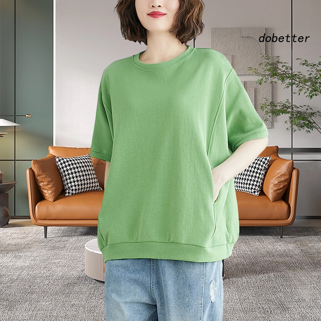 Áo Thun Tay Ngắn Cổ Tròn Hai Túi Dáng Rộng Màu Trơn Thời Trang Mùa Hè Cho Nữ