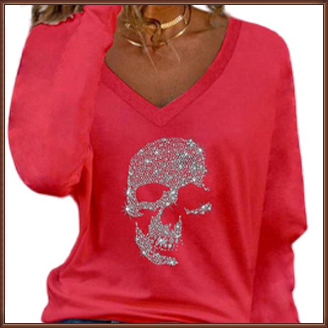 Áo Thun Nữ Tay Dài Cổ Chữ V In Hình Đầu Lâu Thời Trang