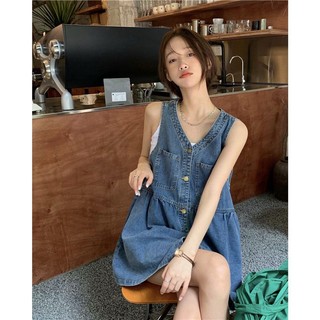 Đầm Yếm Denim Mùa Hè 2023 Hai Dây Dáng Rộng Màu Trơn Phong Cách Hàn Quốc Hàng Mới Dành Cho Bạn Nữ
