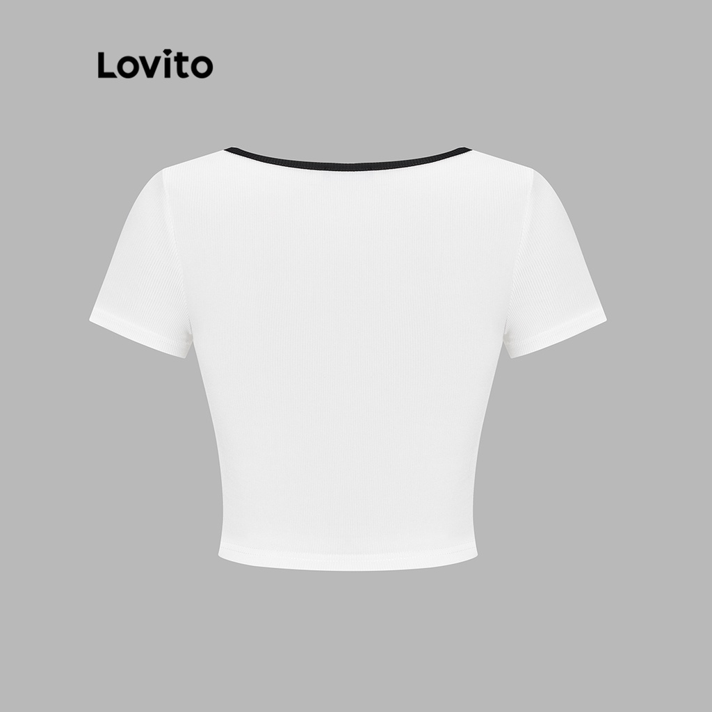 Áo thun Lovito thắt nút trơn viền tương phản cho nữ L54ED023 (màu trắng)