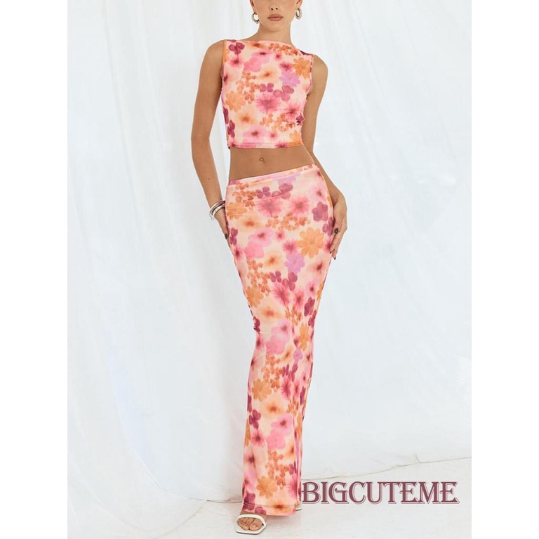 [] - Set 2 Món Áo Cổ Tròn Không Tay In Hoa + Chân Váy Dài Eo Thấp Cho Nữ