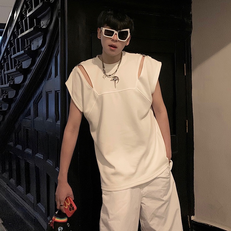 Áo Thun Không Tay Phối Nút Kim Loại Thời Trang Mùa Hè Dành Cho Nam