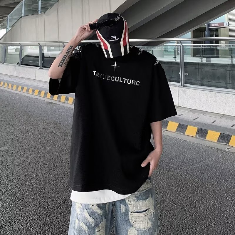 Áo Thun Tay Ngắn Phối Nút Kim Loại Nặng 320g Phong Cách Đường Phố Mỹ Cho Nam