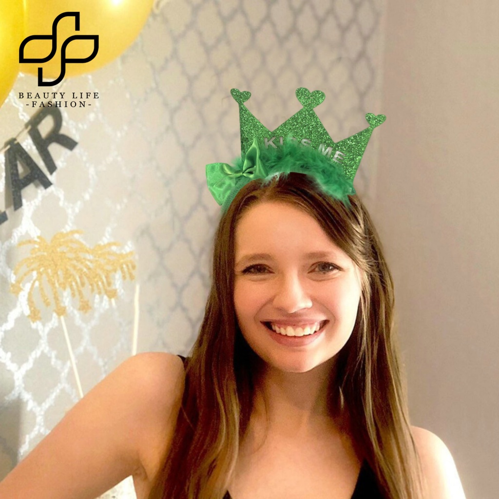 Băng Đô Hình Vương Miện Đính Kim Sa Lấp Lánh Màu Xanh Lá Cây Dùng Hóa Trang