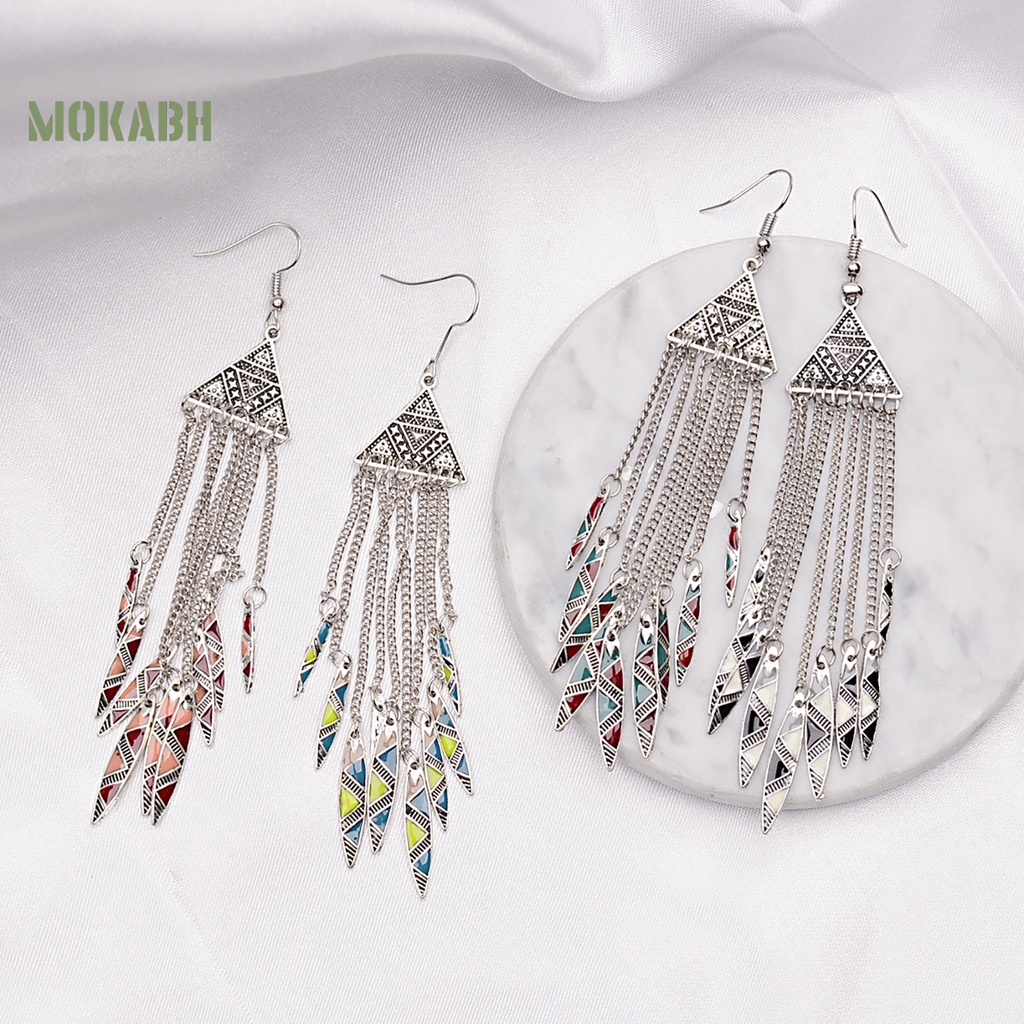 1 Đôi Bông Tai Hình Tam Giác Dạng Móc Tua Rua Dài Phong Cách Vintage