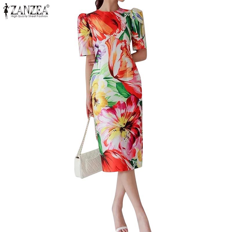 Đầm ZANZEA tay ngắn họa tiết hoa khóa kéo sau lưng thời trang Hàn Quốc cho nữ