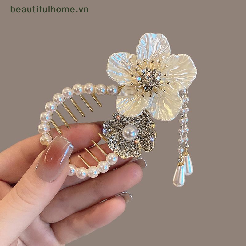 Kẹp Tóc Càng Cua Cố Định Tóc Đuôi Ngựa Đính Hoa Trà Và Ngọc Trai Xinh Xắn Cho Nữ [Beautyhome]