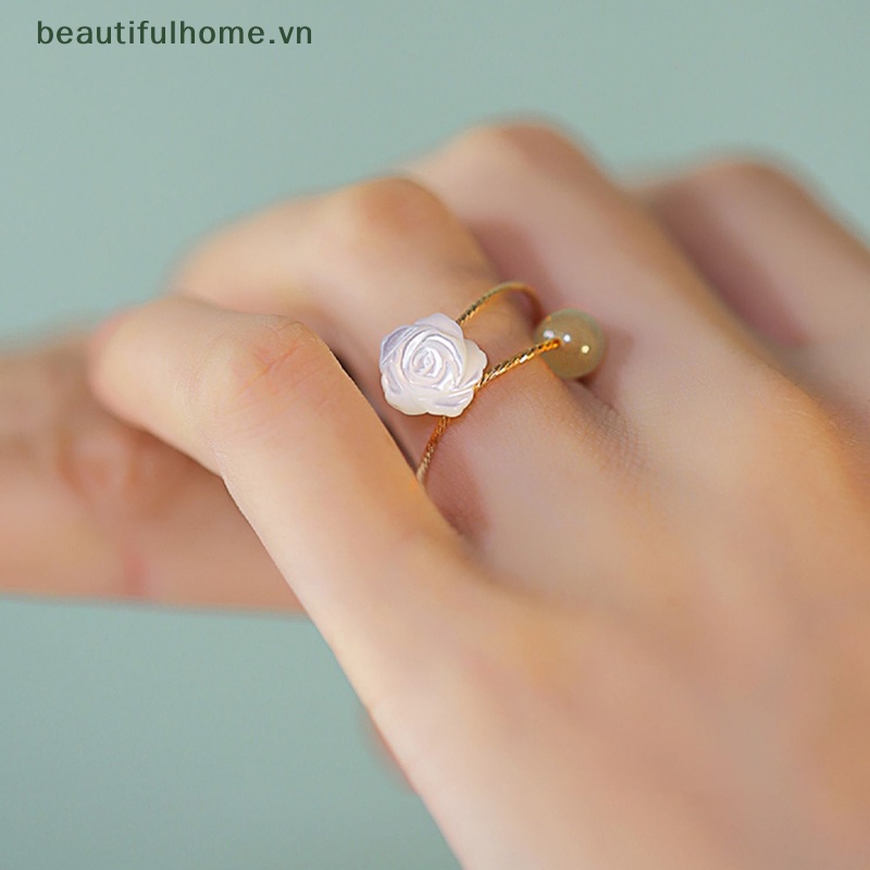 [beautifulhome] Nhẫn Hở Hình Hoa Hồng Ngọc Bích Trắng Thời Trang Vintage Có Thể Điều Chỉnh Làm Quà Tặng Đám Cưới [beauty]