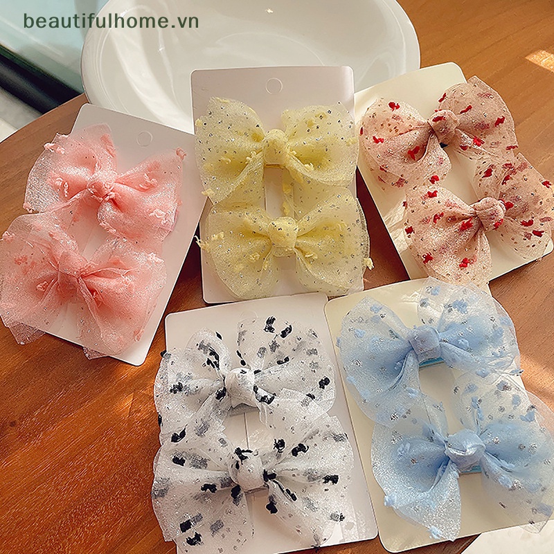 Kẹp Tóc Nơ Lưới Chấm Bi Phong Cách Hàn Quốc Ngọt Ngào Cho Bé Gái