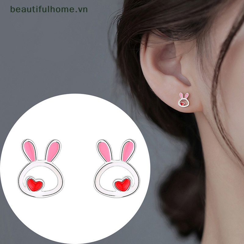 [beautifulhome] Bông Tai Hình Thỏ Trái Tim Màu Bạc Dễ Thương Dành Cho Nữ [beauty]