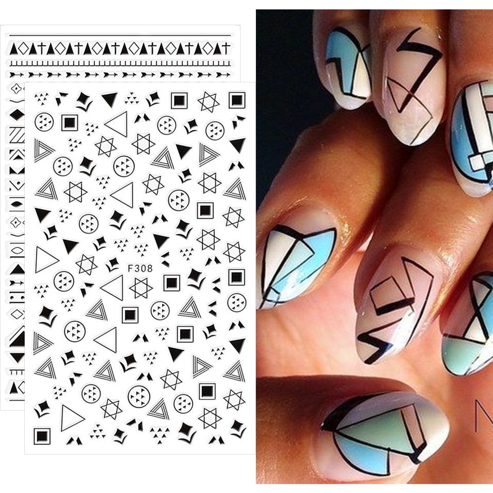Miếng Dán Trang Trí Móng Tay Họa Tiết Hình Học Màu Đen Kiểu Pháp