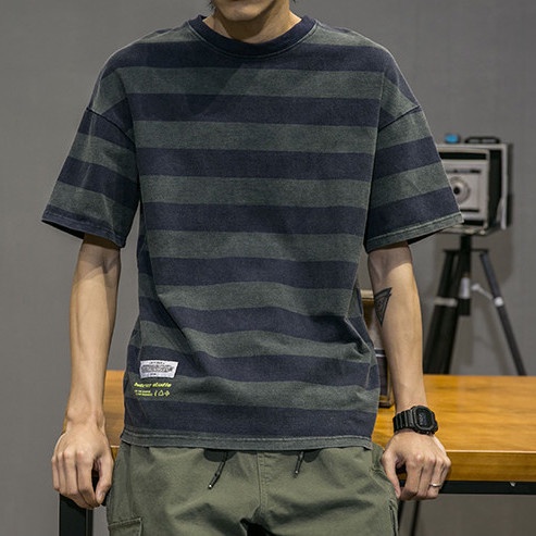 Áo Thun Cotton Tay Ngắn Cổ Tròn Dáng Rộng Họa Tiết Kẻ Sọc Thời Trang Mùa Hè Cho Nam